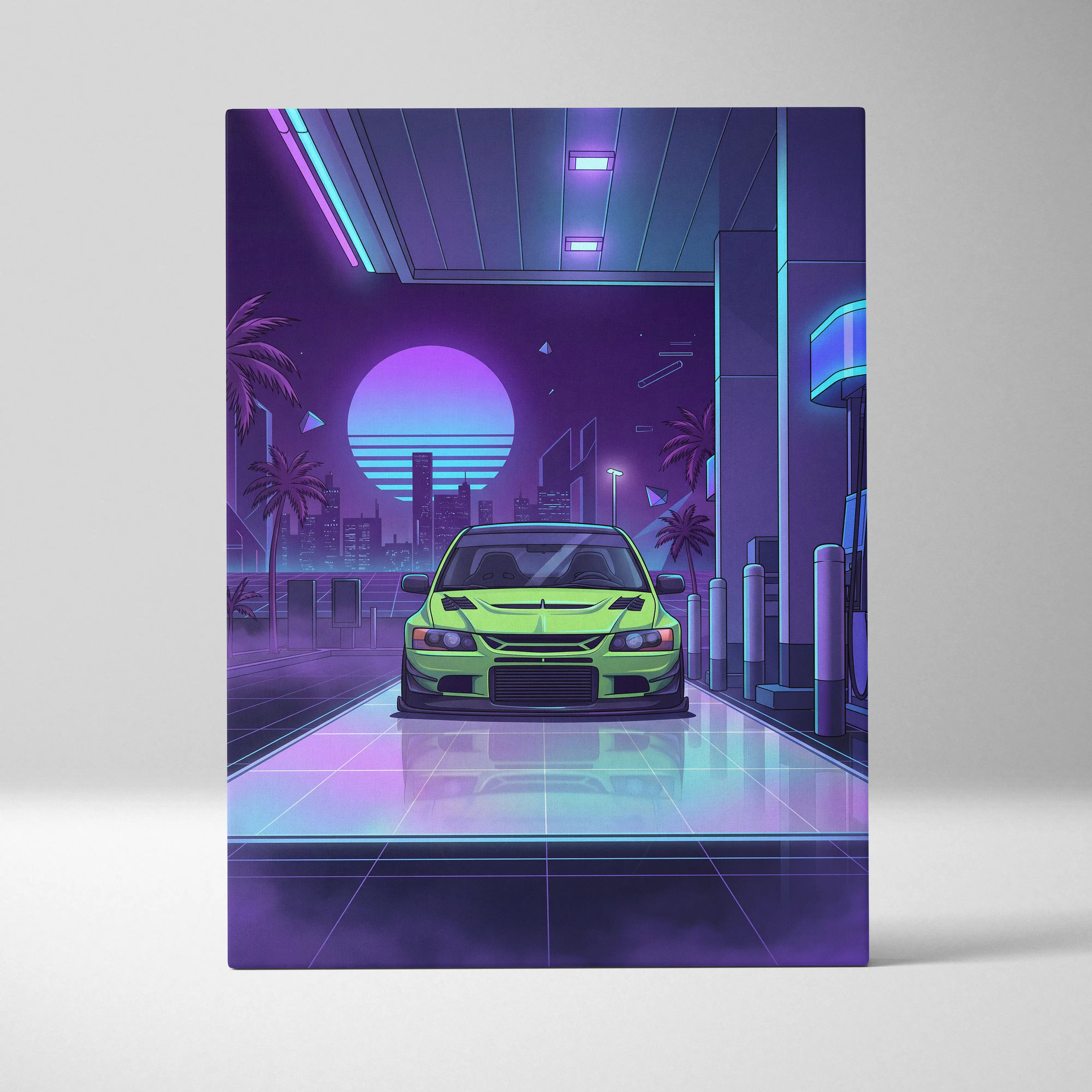 Mitsubishi Lancer Evo Inspired Green Purple City Canvas Wall Art Vaporwave JDM Car Artwork, Neon Gas Station Garage Decor Print