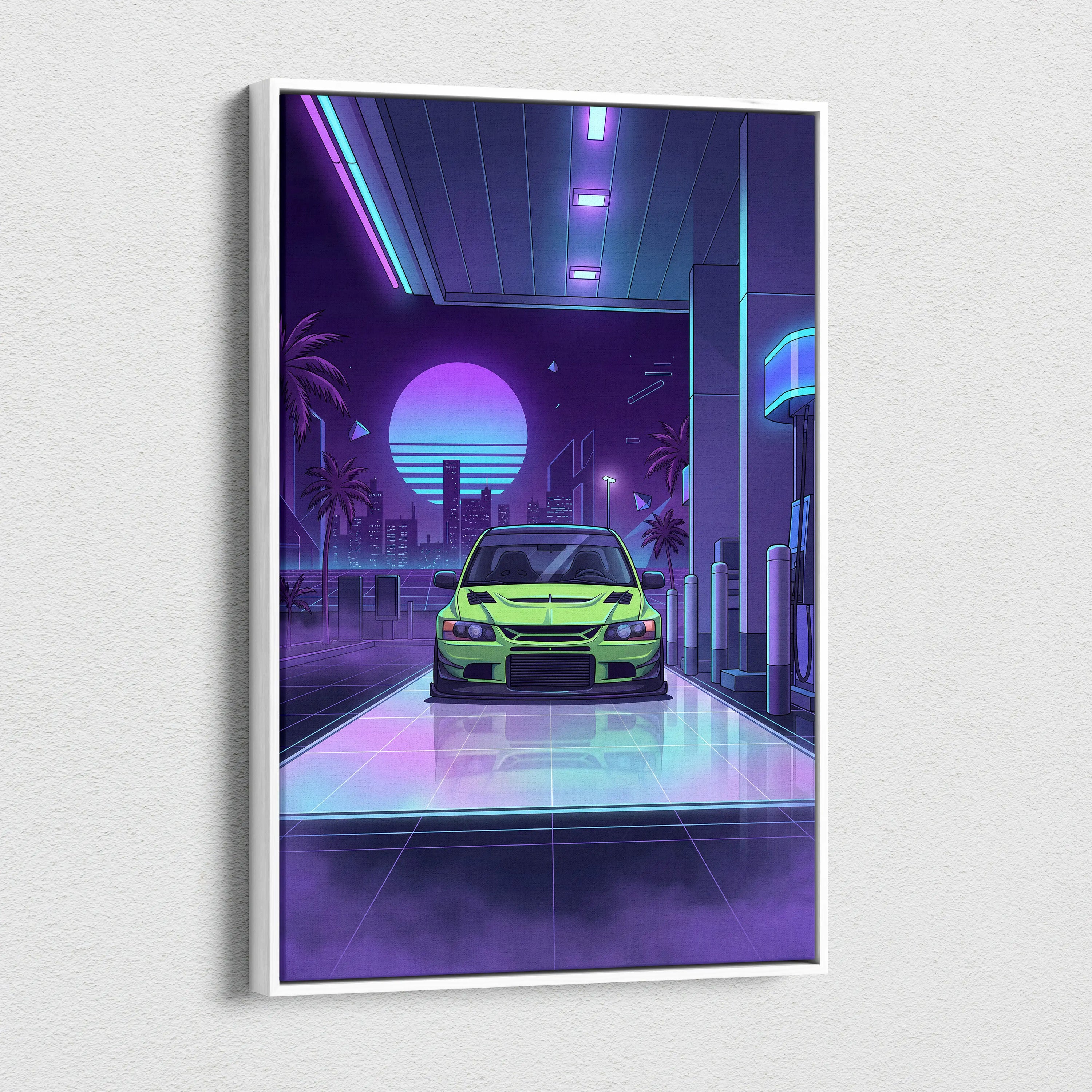 Mitsubishi Lancer Evo Inspired Green Purple City Canvas Wall Art Vaporwave JDM Car Artwork, Neon Gas Station Garage Decor Print