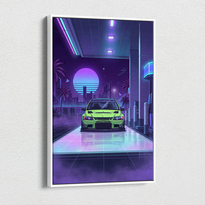 Mitsubishi Lancer Evo Inspired Green Purple City Canvas Wall Art Vaporwave JDM Car Artwork, Neon Gas Station Garage Decor Print
