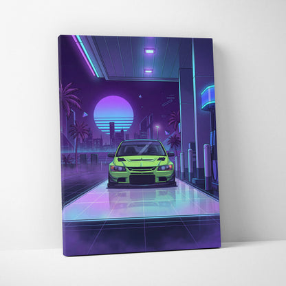 Mitsubishi Lancer Evo Inspired Green Purple City Canvas Wall Art Vaporwave JDM Car Artwork, Neon Gas Station Garage Decor Print