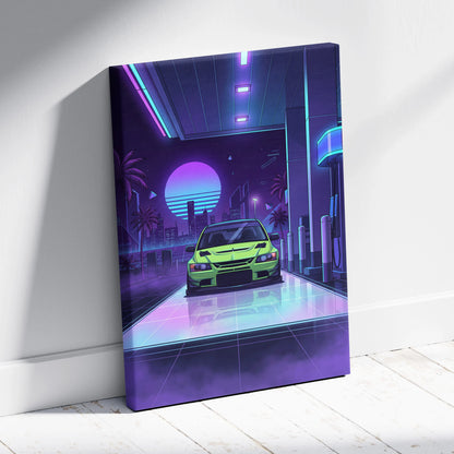 Mitsubishi Lancer Evo Inspired Green Purple City Canvas Wall Art Vaporwave JDM Car Artwork, Neon Gas Station Garage Decor Print