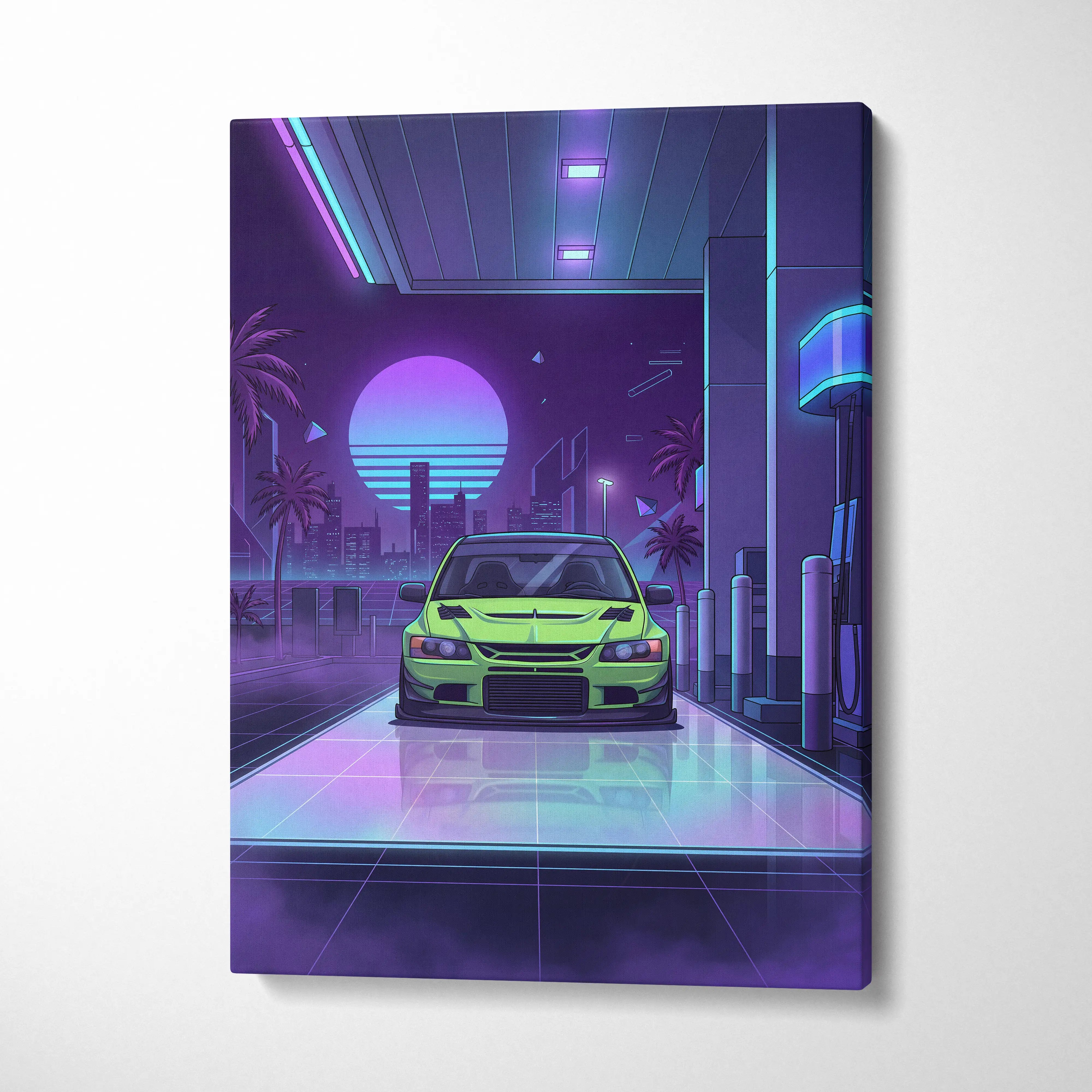 Mitsubishi Lancer Evo Inspired Green Purple City Canvas Wall Art Vaporwave JDM Car Artwork, Neon Gas Station Garage Decor Print