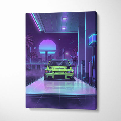Mitsubishi Lancer Evo Inspired Green Purple City Canvas Wall Art Vaporwave JDM Car Artwork, Neon Gas Station Garage Decor Print