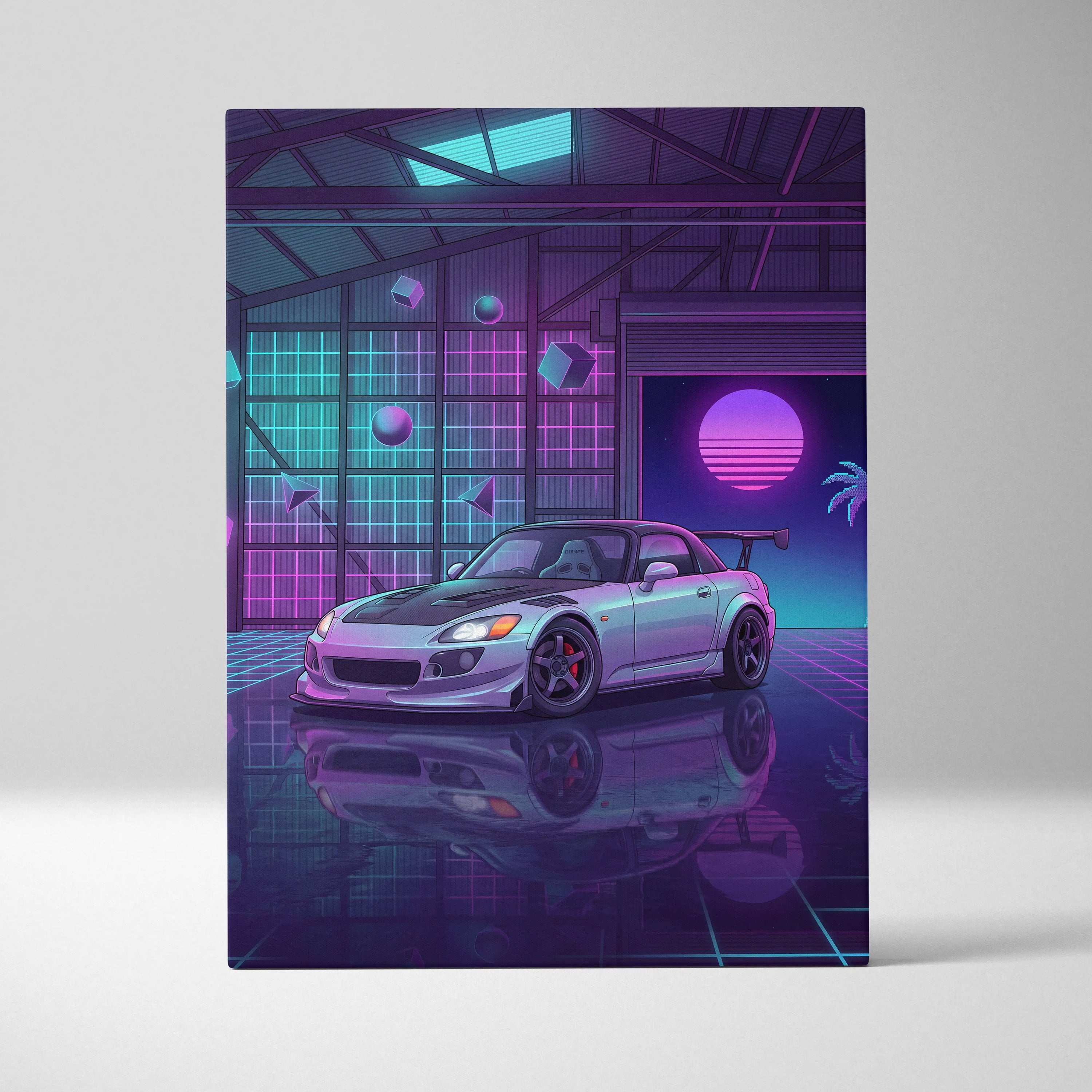 Honda S2000 Inspired Silver Purple Garage Canvas Wall Art Vaporwave JDM Car Artwork, Neon Grid Cyberpunk Decor Retro Futuristic Print