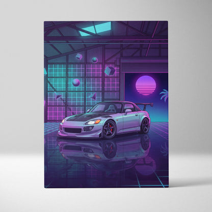 Honda S2000 Inspired Silver Purple Garage Canvas Wall Art Vaporwave JDM Car Artwork, Neon Grid Cyberpunk Decor Retro Futuristic Print