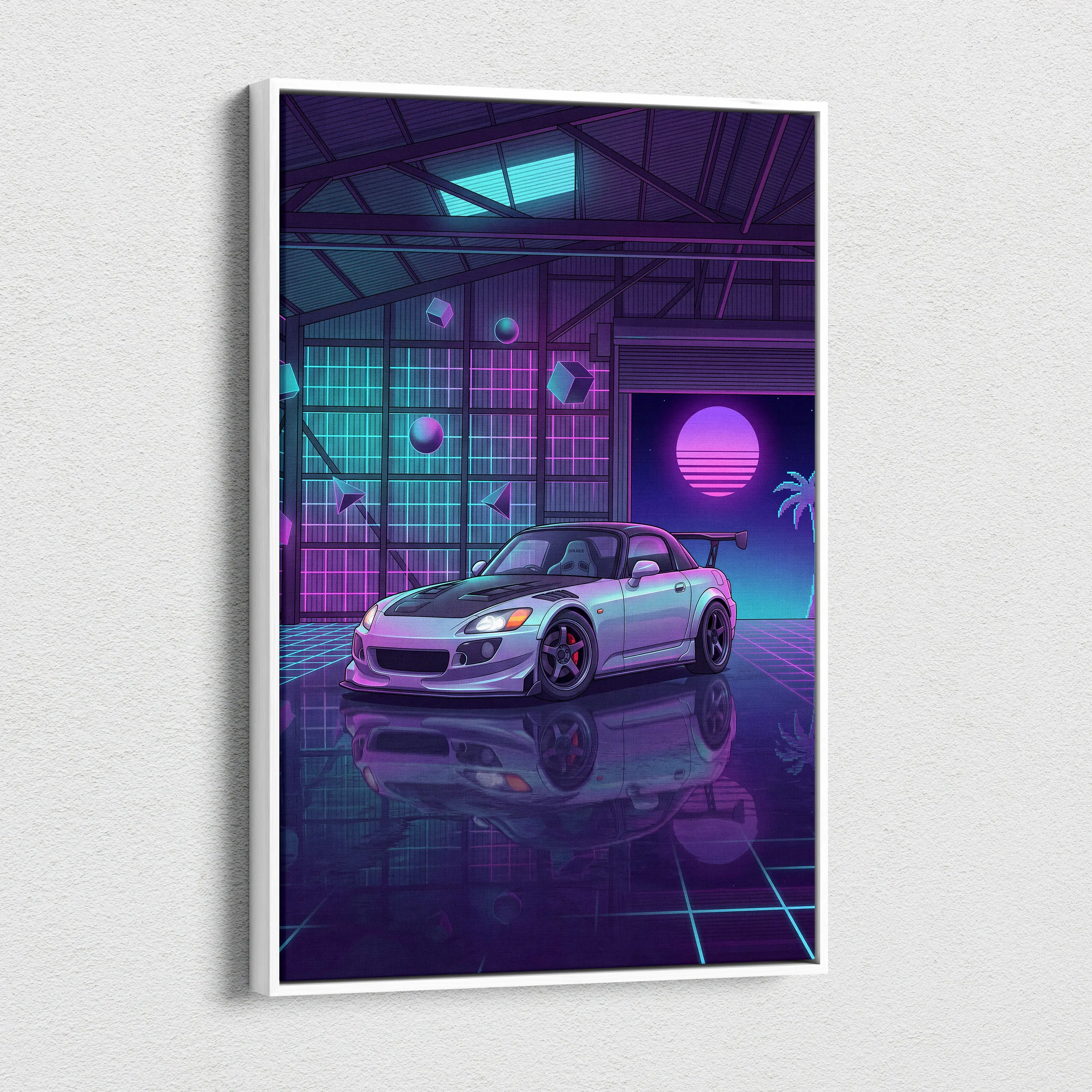 Honda S2000 Inspired Silver Purple Garage Canvas Wall Art Vaporwave JDM Car Artwork, Neon Grid Cyberpunk Decor Retro Futuristic Print