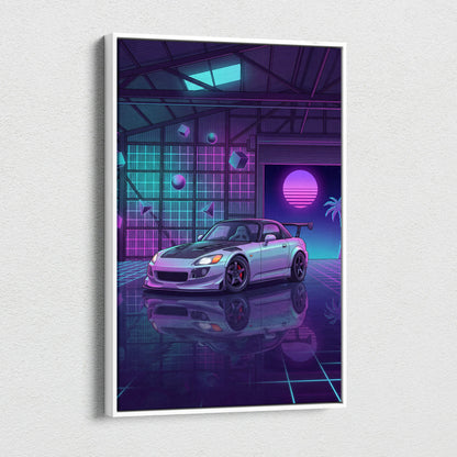 Honda S2000 Inspired Silver Purple Garage Canvas Wall Art Vaporwave JDM Car Artwork, Neon Grid Cyberpunk Decor Retro Futuristic Print