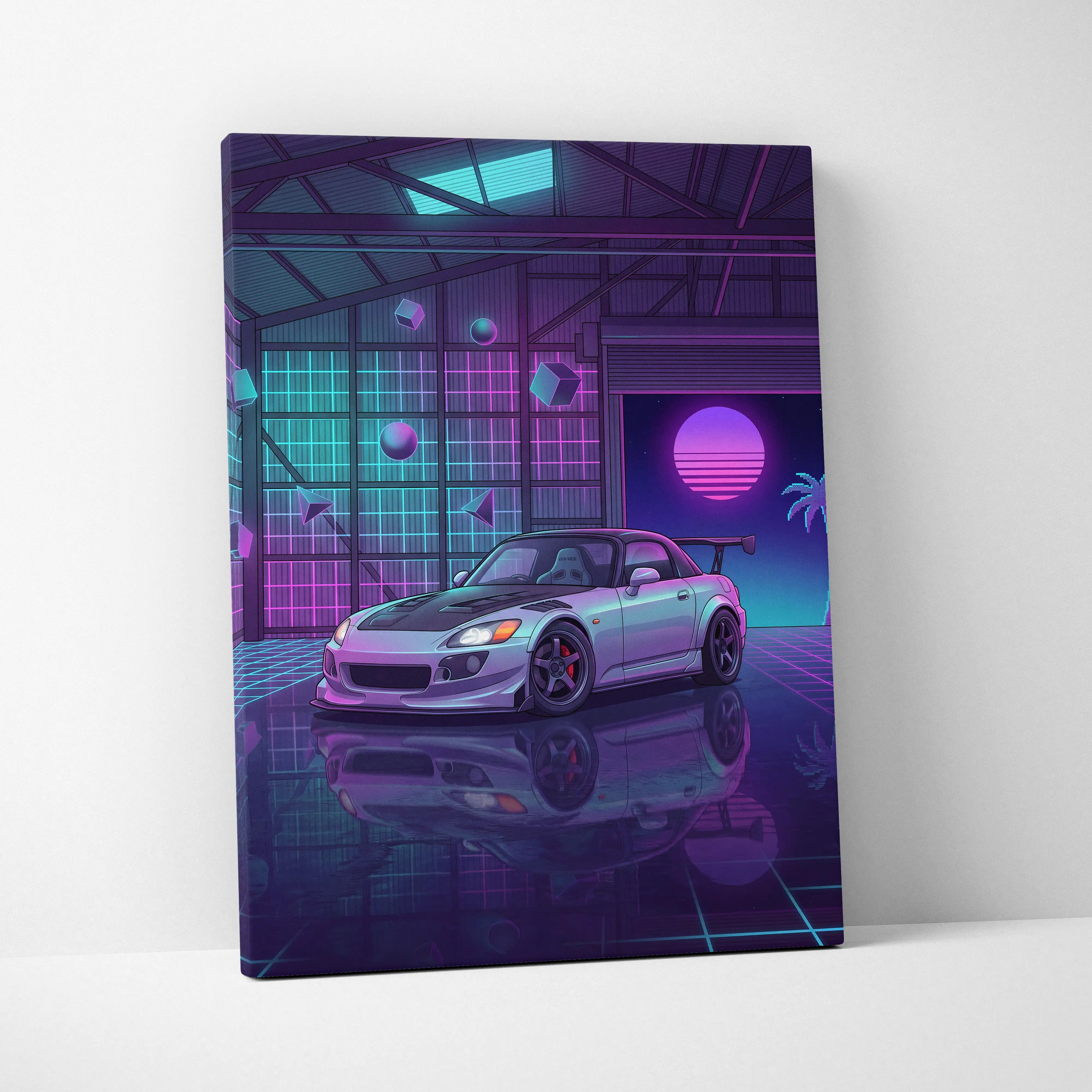 Honda S2000 Inspired Silver Purple Garage Canvas Wall Art Vaporwave JDM Car Artwork, Neon Grid Cyberpunk Decor Retro Futuristic Print