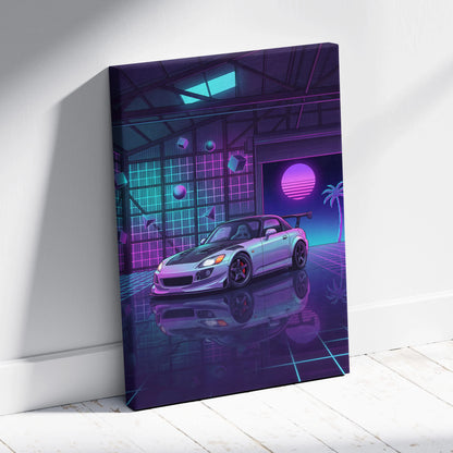 Honda S2000 Inspired Silver Purple Garage Canvas Wall Art Vaporwave JDM Car Artwork, Neon Grid Cyberpunk Decor Retro Futuristic Print