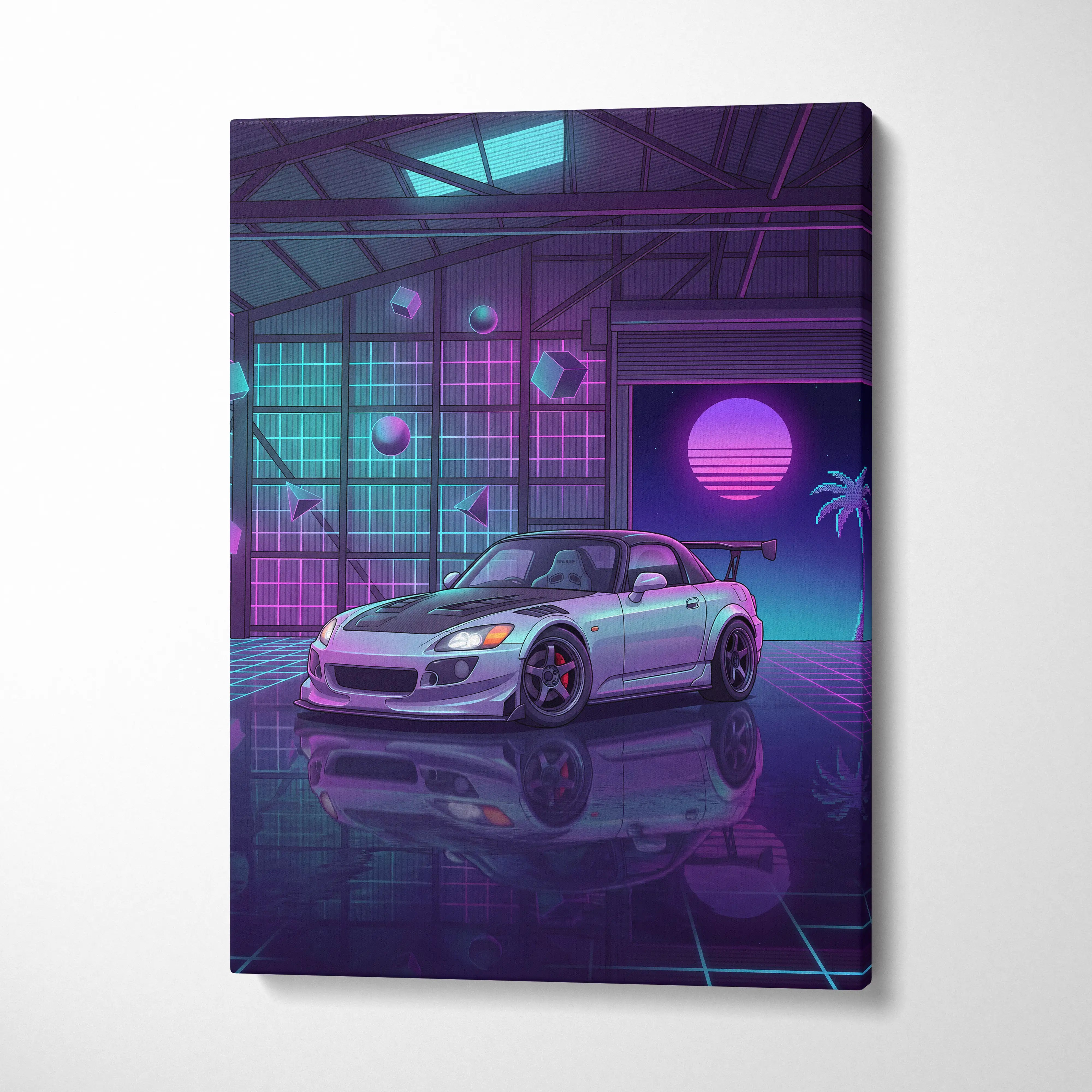 Honda S2000 Inspired Silver Purple Garage Canvas Wall Art Vaporwave JDM Car Artwork, Neon Grid Cyberpunk Decor Retro Futuristic Print