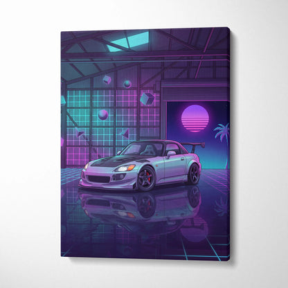 Honda S2000 Inspired Silver Purple Garage Canvas Wall Art Vaporwave JDM Car Artwork, Neon Grid Cyberpunk Decor Retro Futuristic Print