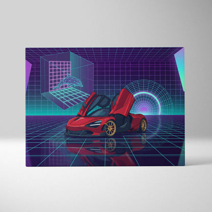 McLaren 720S Inspired Red Purple Canvas Wall Art, Vaporwave Supercar Artwork, Neon Grid Garage Decor, Retro Futuristic Exotic Print