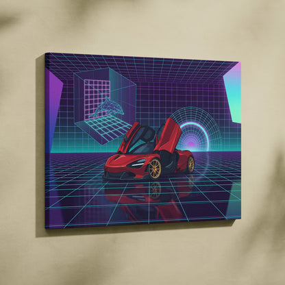 McLaren 720S Inspired Red Purple Canvas Wall Art, Vaporwave Supercar Artwork, Neon Grid Garage Decor, Retro Futuristic Exotic Print