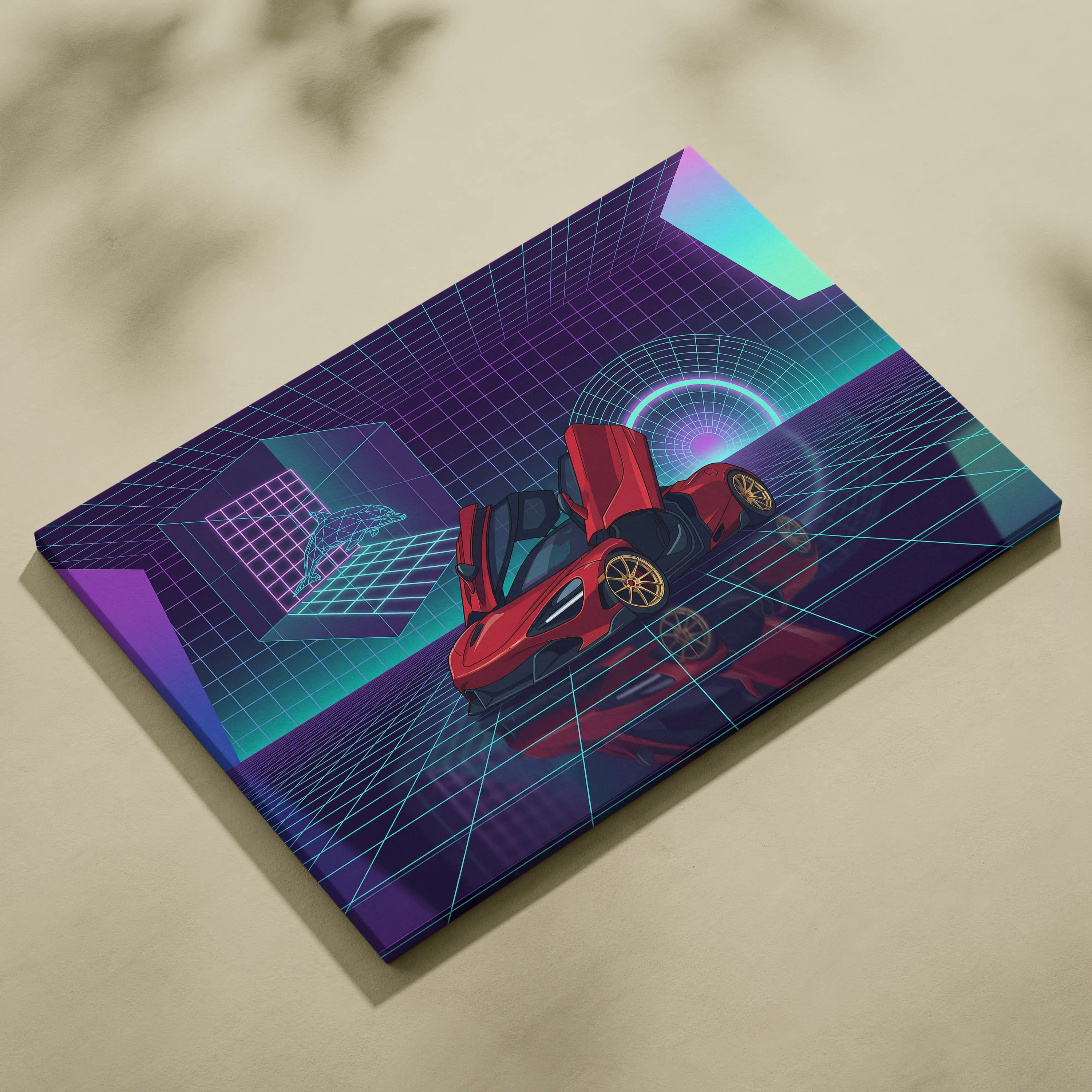 McLaren 720S Inspired Red Purple Canvas Wall Art, Vaporwave Supercar Artwork, Neon Grid Garage Decor, Retro Futuristic Exotic Print