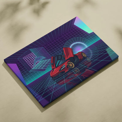 McLaren 720S Inspired Red Purple Canvas Wall Art, Vaporwave Supercar Artwork, Neon Grid Garage Decor, Retro Futuristic Exotic Print