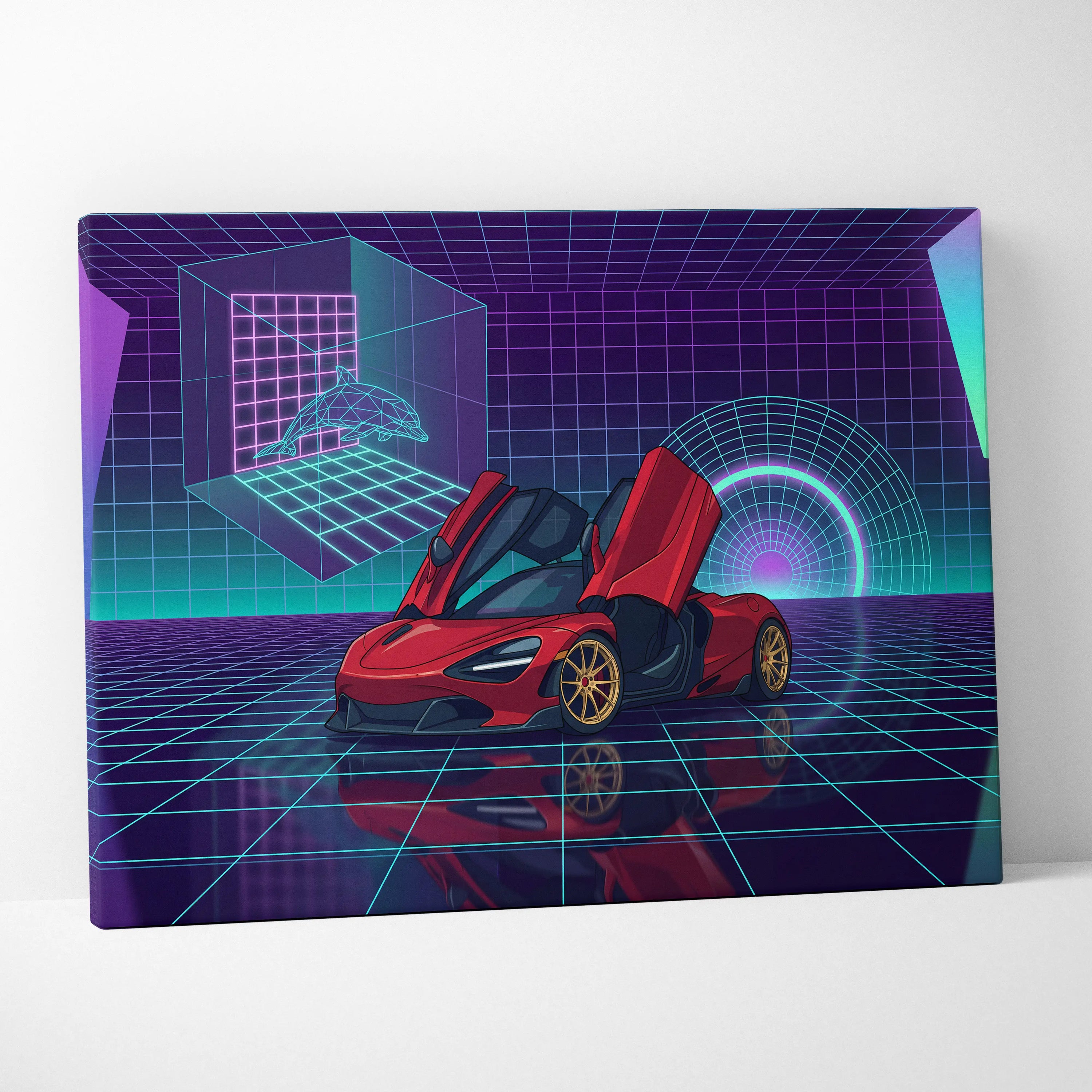 McLaren 720S Inspired Red Purple Canvas Wall Art, Vaporwave Supercar Artwork, Neon Grid Garage Decor, Retro Futuristic Exotic Print