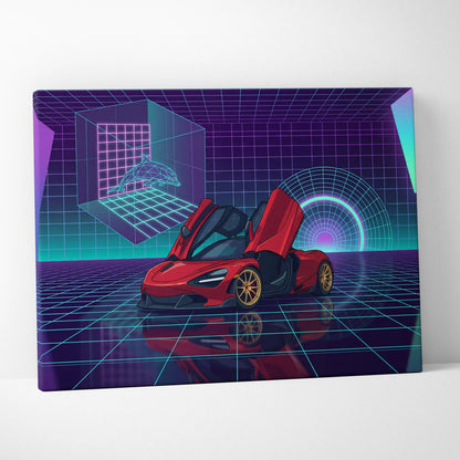 McLaren 720S Inspired Red Purple Canvas Wall Art, Vaporwave Supercar Artwork, Neon Grid Garage Decor, Retro Futuristic Exotic Print