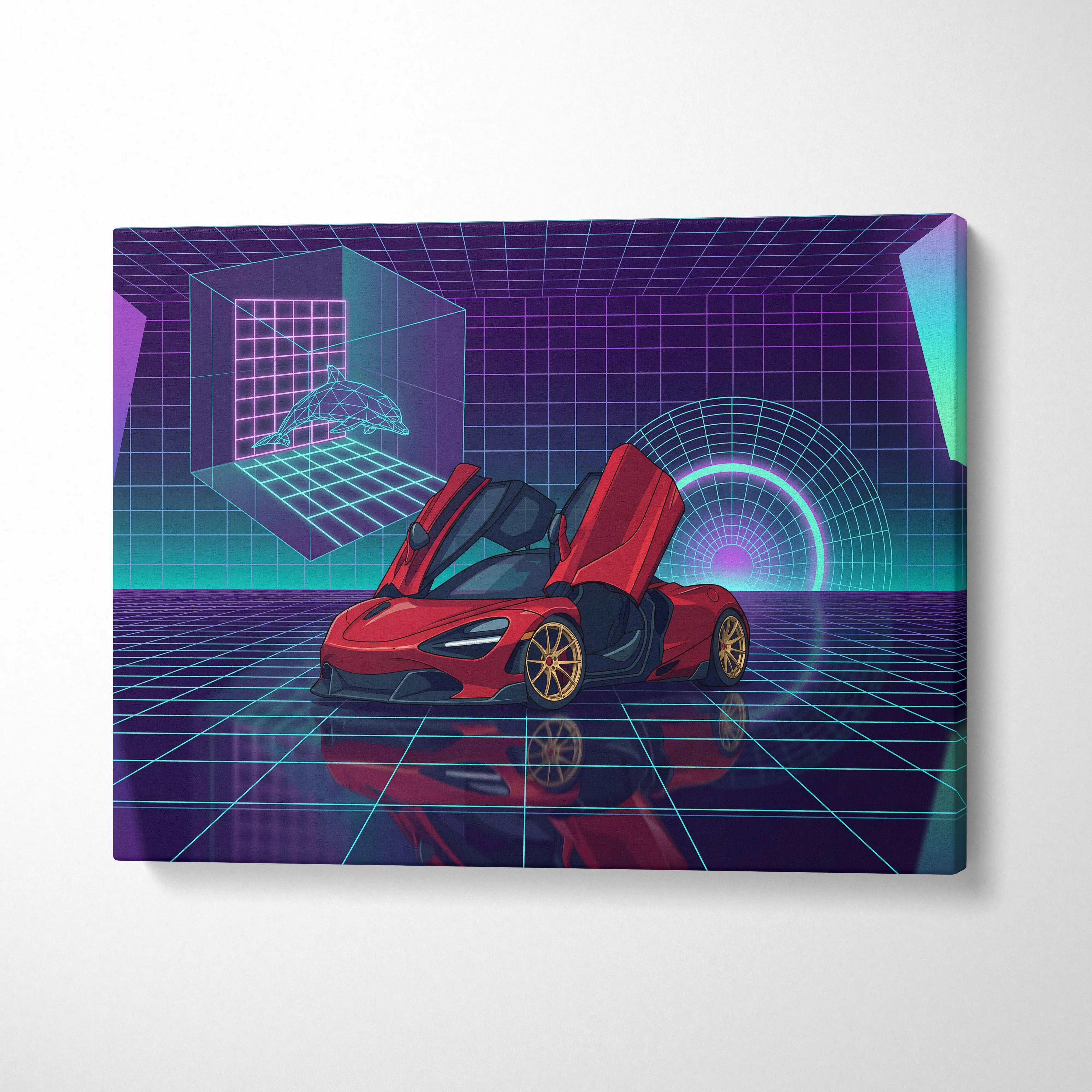 McLaren 720S Inspired Red Purple Canvas Wall Art, Vaporwave Supercar Artwork, Neon Grid Garage Decor, Retro Futuristic Exotic Print
