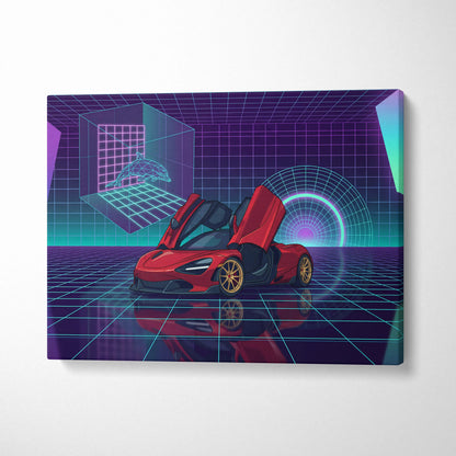McLaren 720S Inspired Red Purple Canvas Wall Art, Vaporwave Supercar Artwork, Neon Grid Garage Decor, Retro Futuristic Exotic Print