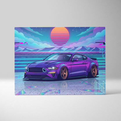 Ford Mustang Inspired Purple Blue Canvas Wall Art Vaporwave Sunset Muscle Car Artwork, Neon Widebody Garage Decor