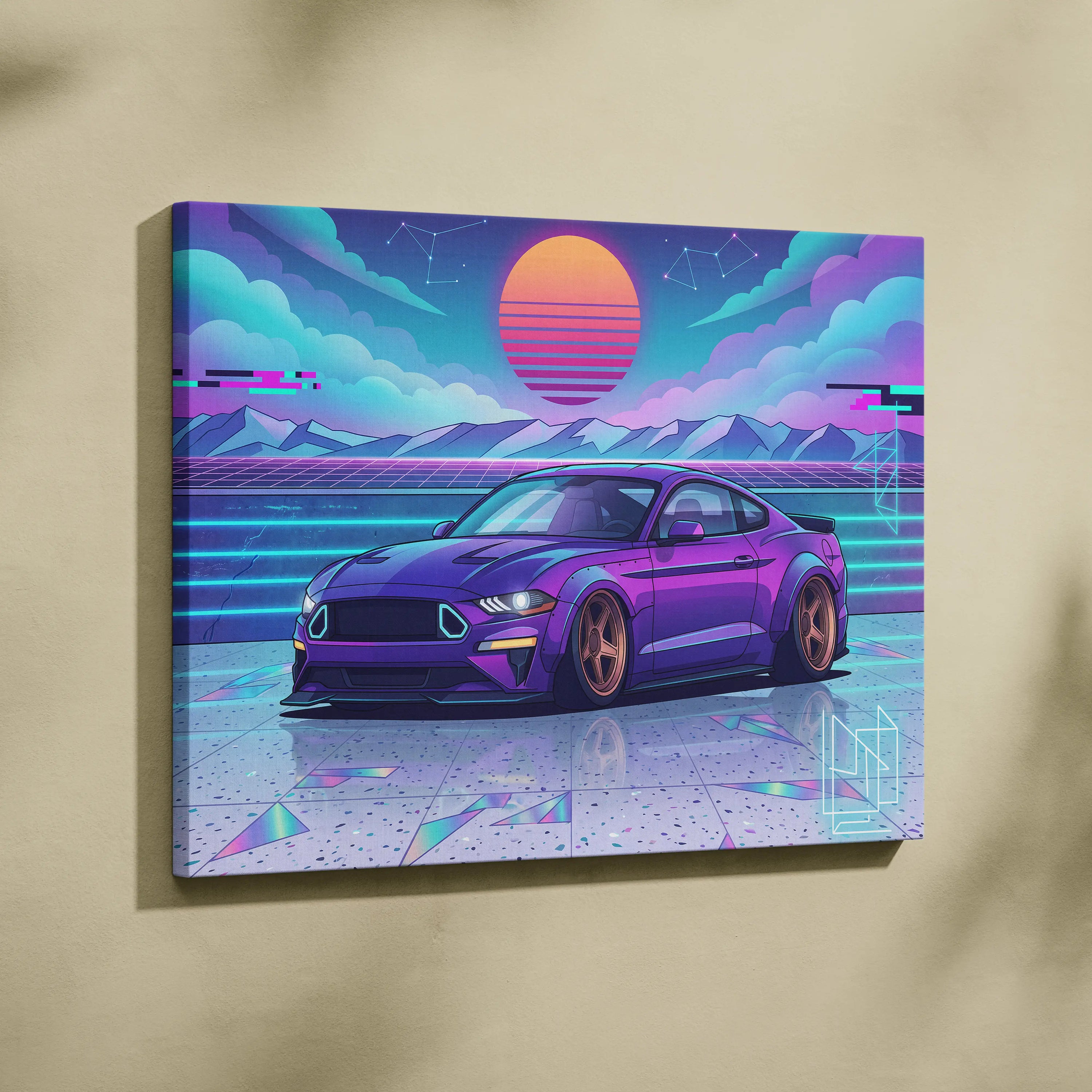 Ford Mustang Inspired Purple Blue Canvas Wall Art Vaporwave Sunset Muscle Car Artwork, Neon Widebody Garage Decor