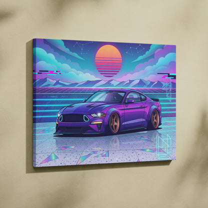 Ford Mustang Inspired Purple Blue Canvas Wall Art Vaporwave Sunset Muscle Car Artwork, Neon Widebody Garage Decor