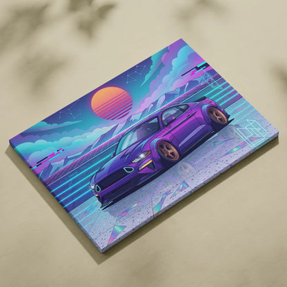Ford Mustang Inspired Purple Blue Canvas Wall Art Vaporwave Sunset Muscle Car Artwork, Neon Widebody Garage Decor