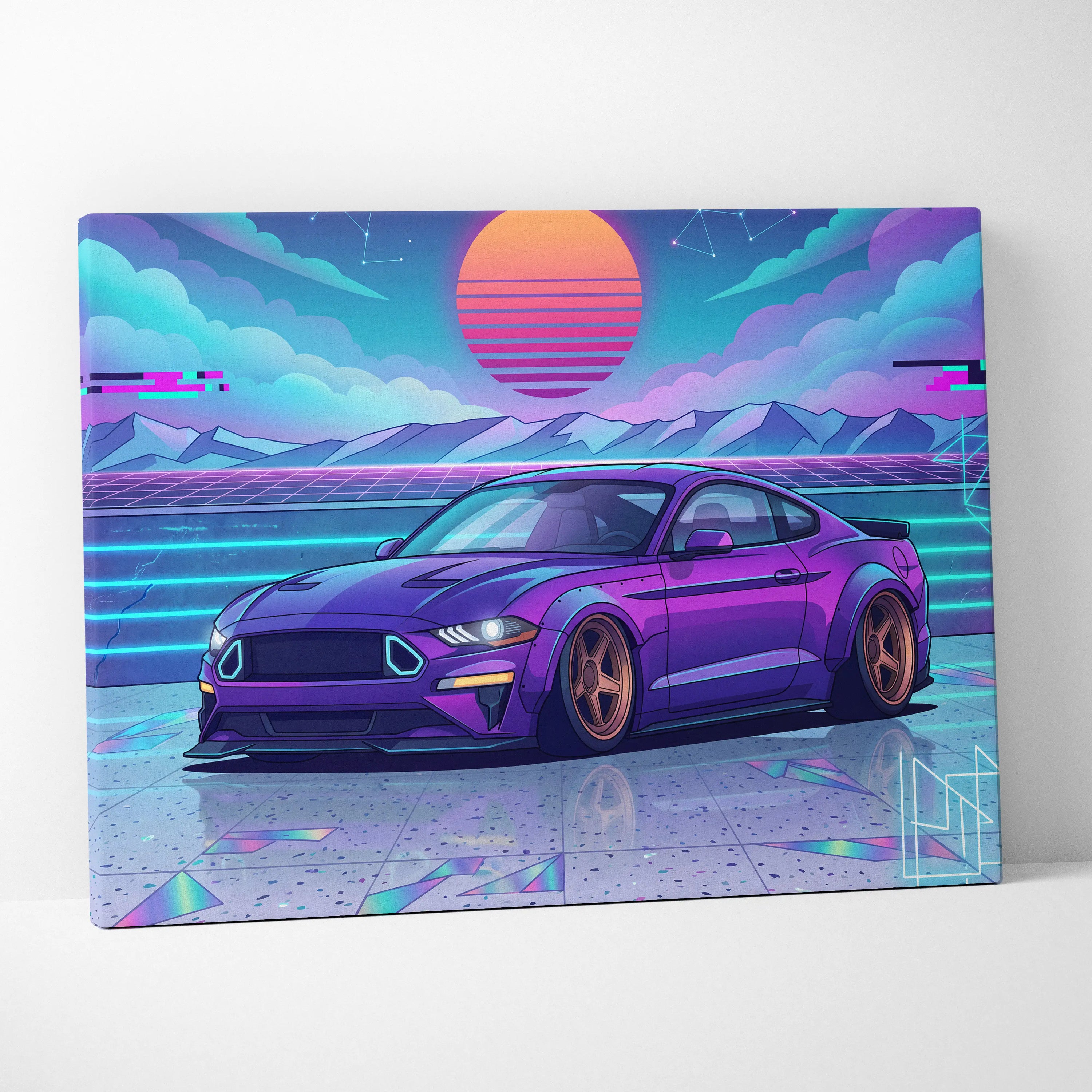 Ford Mustang Inspired Purple Blue Canvas Wall Art Vaporwave Sunset Muscle Car Artwork, Neon Widebody Garage Decor