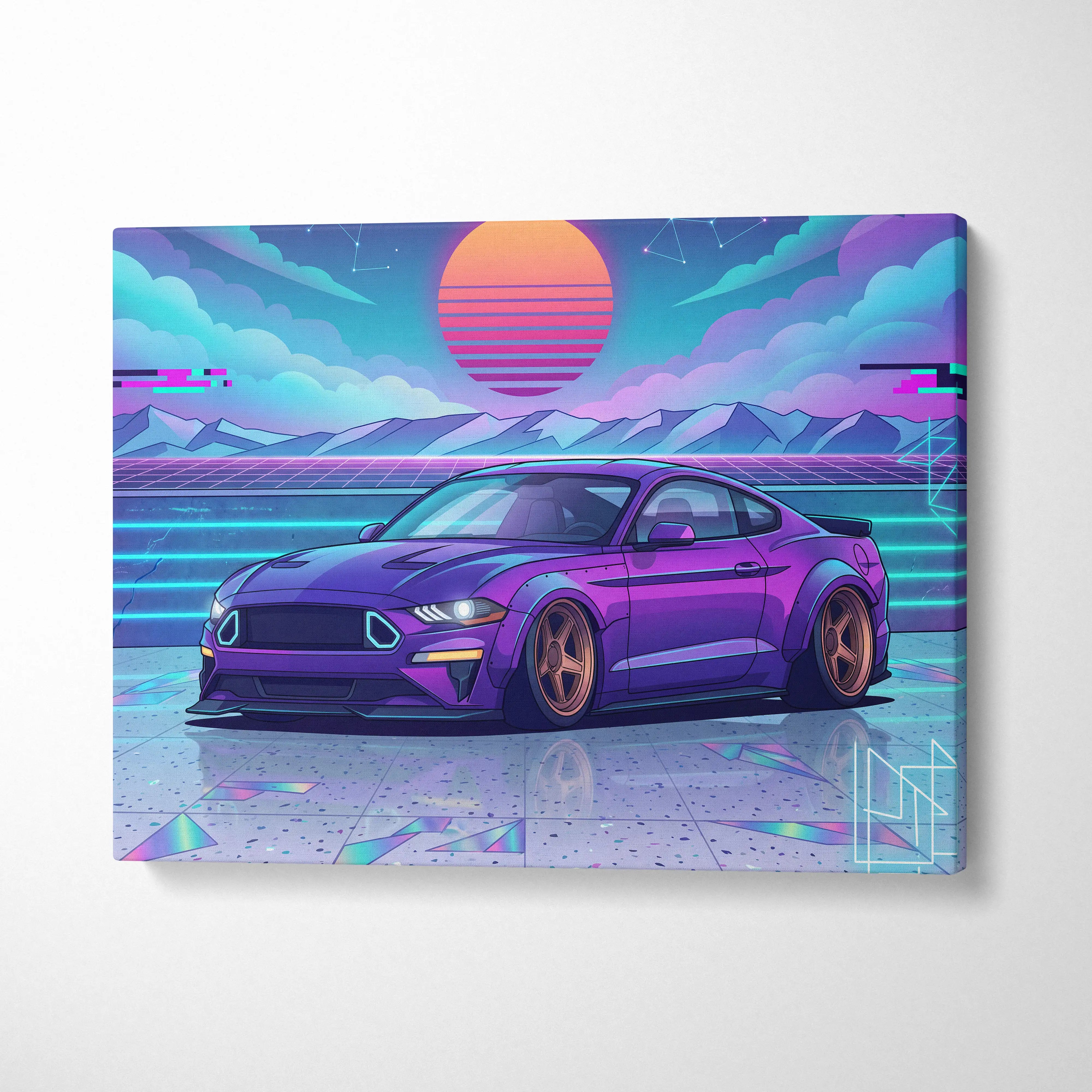 Ford Mustang Inspired Purple Blue Canvas Wall Art Vaporwave Sunset Muscle Car Artwork, Neon Widebody Garage Decor