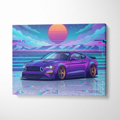 Ford Mustang Inspired Purple Blue Canvas Wall Art Vaporwave Sunset Muscle Car Artwork, Neon Widebody Garage Decor
