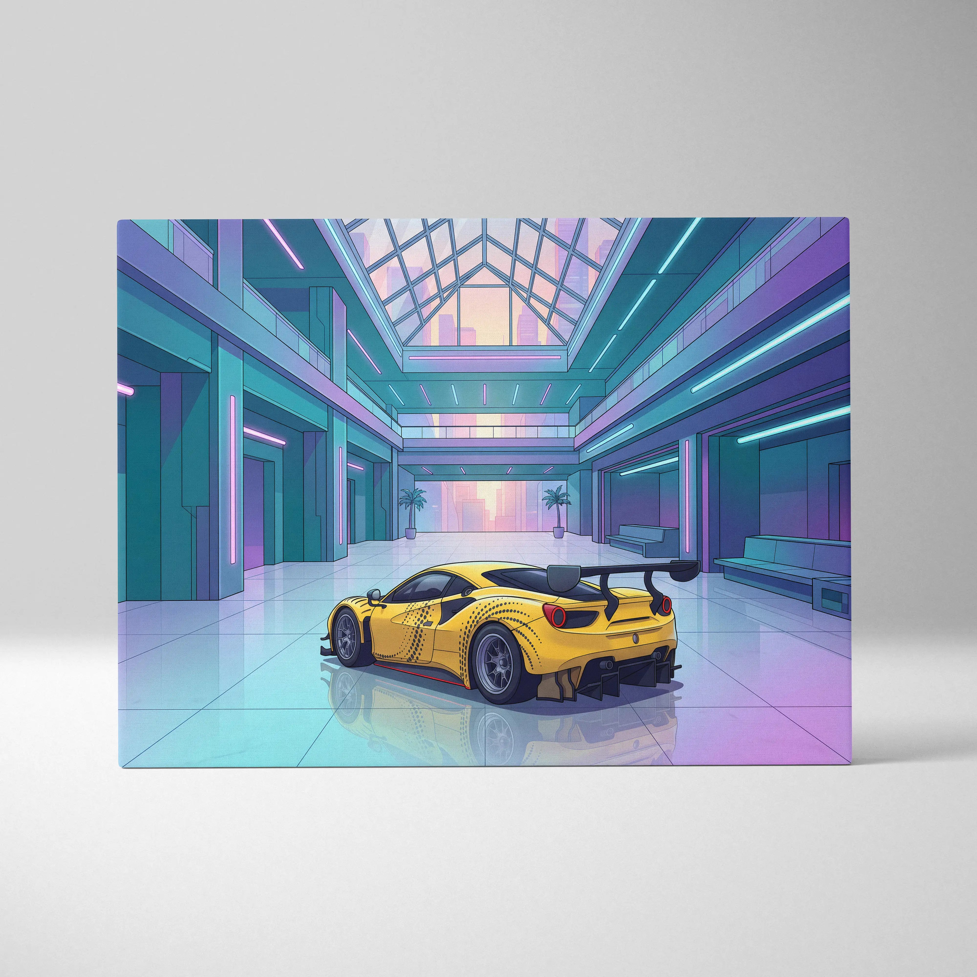 Ferrari 488 GT3 Inspired Yellow Teal Canvas Wall Art Vaporwave Race Car Artwork Neon Atrium Garage Decor Retro Futuristic Motorsport Print