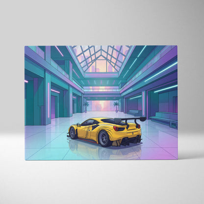 Ferrari 488 GT3 Inspired Yellow Teal Canvas Wall Art Vaporwave Race Car Artwork Neon Atrium Garage Decor Retro Futuristic Motorsport Print