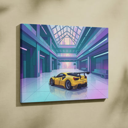 Ferrari 488 GT3 Inspired Yellow Teal Canvas Wall Art Vaporwave Race Car Artwork Neon Atrium Garage Decor Retro Futuristic Motorsport Print