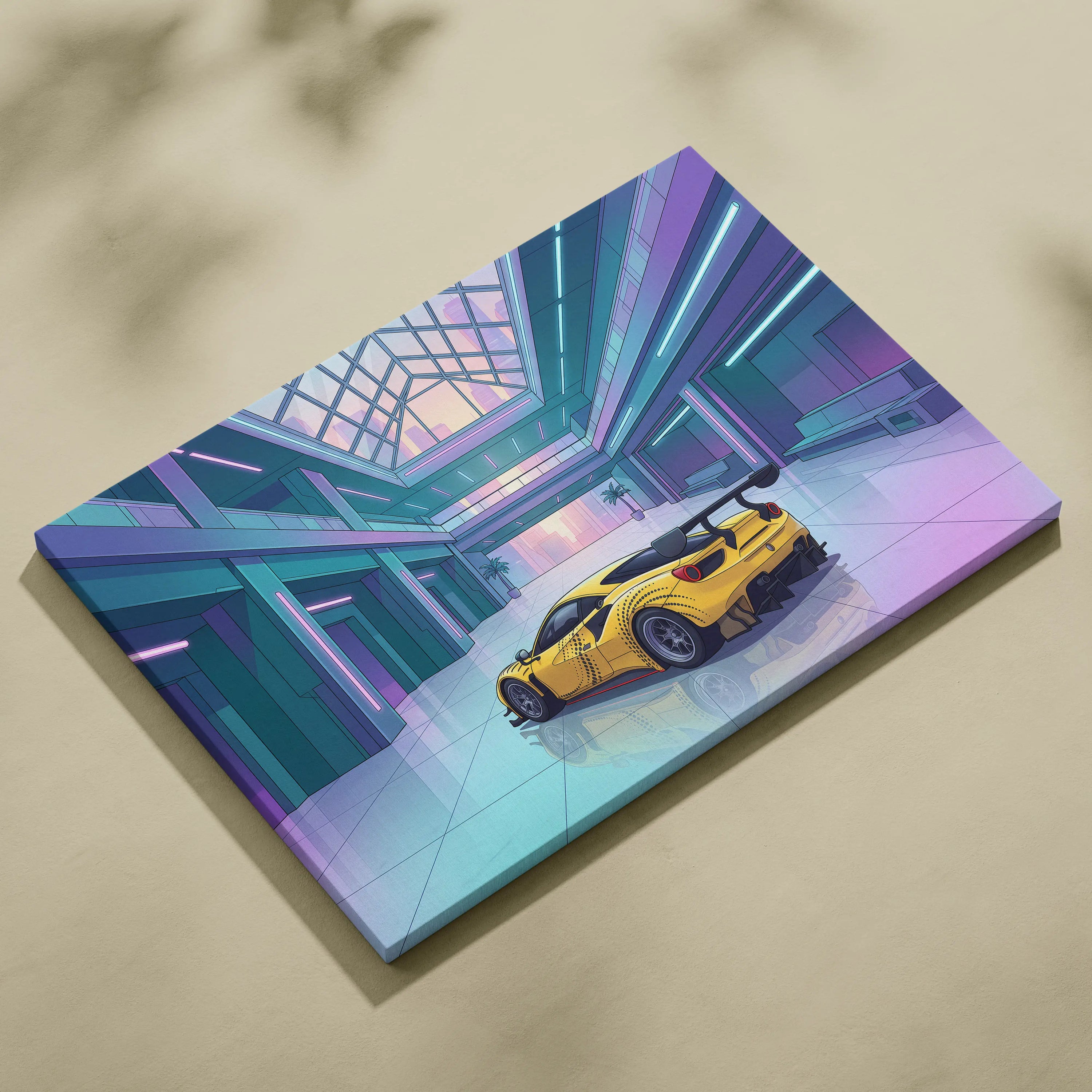 Ferrari 488 GT3 Inspired Yellow Teal Canvas Wall Art Vaporwave Race Car Artwork Neon Atrium Garage Decor Retro Futuristic Motorsport Print