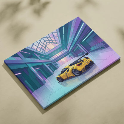 Ferrari 488 GT3 Inspired Yellow Teal Canvas Wall Art Vaporwave Race Car Artwork Neon Atrium Garage Decor Retro Futuristic Motorsport Print