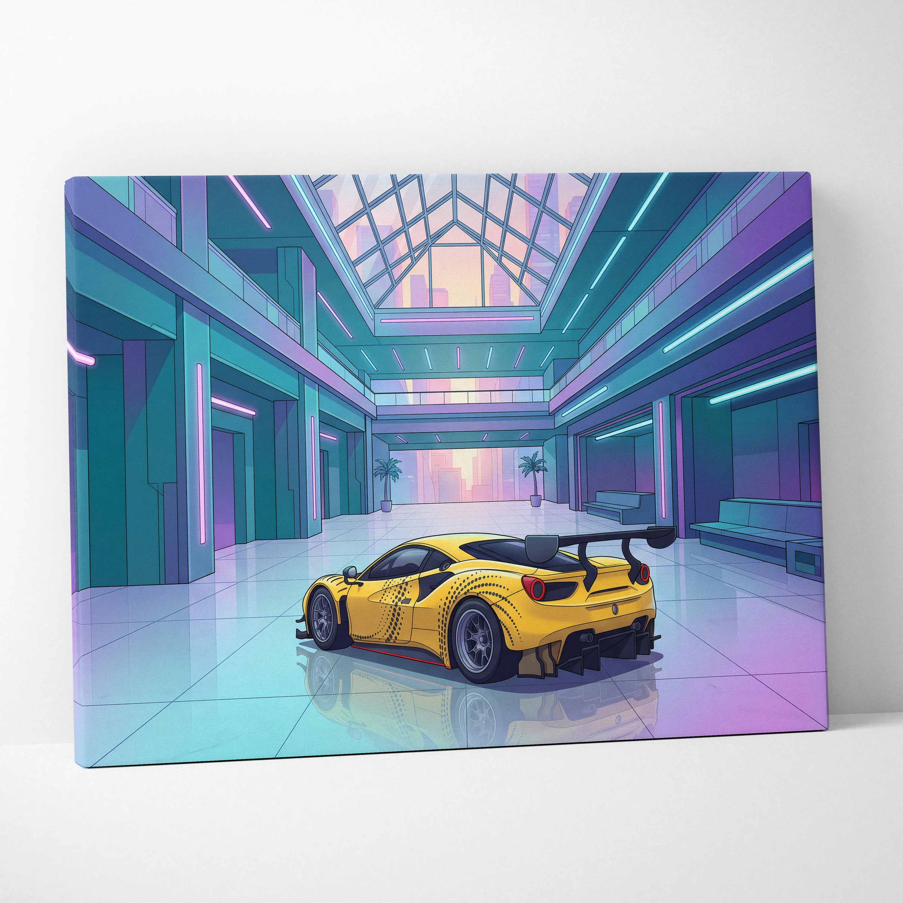 Ferrari 488 GT3 Inspired Yellow Teal Canvas Wall Art Vaporwave Race Car Artwork Neon Atrium Garage Decor Retro Futuristic Motorsport Print