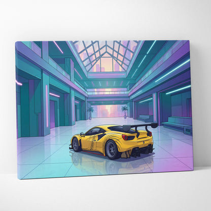 Ferrari 488 GT3 Inspired Yellow Teal Canvas Wall Art Vaporwave Race Car Artwork Neon Atrium Garage Decor Retro Futuristic Motorsport Print