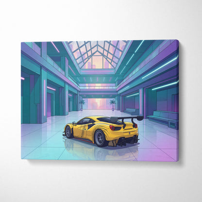 Ferrari 488 GT3 Inspired Yellow Teal Canvas Wall Art Vaporwave Race Car Artwork Neon Atrium Garage Decor Retro Futuristic Motorsport Print
