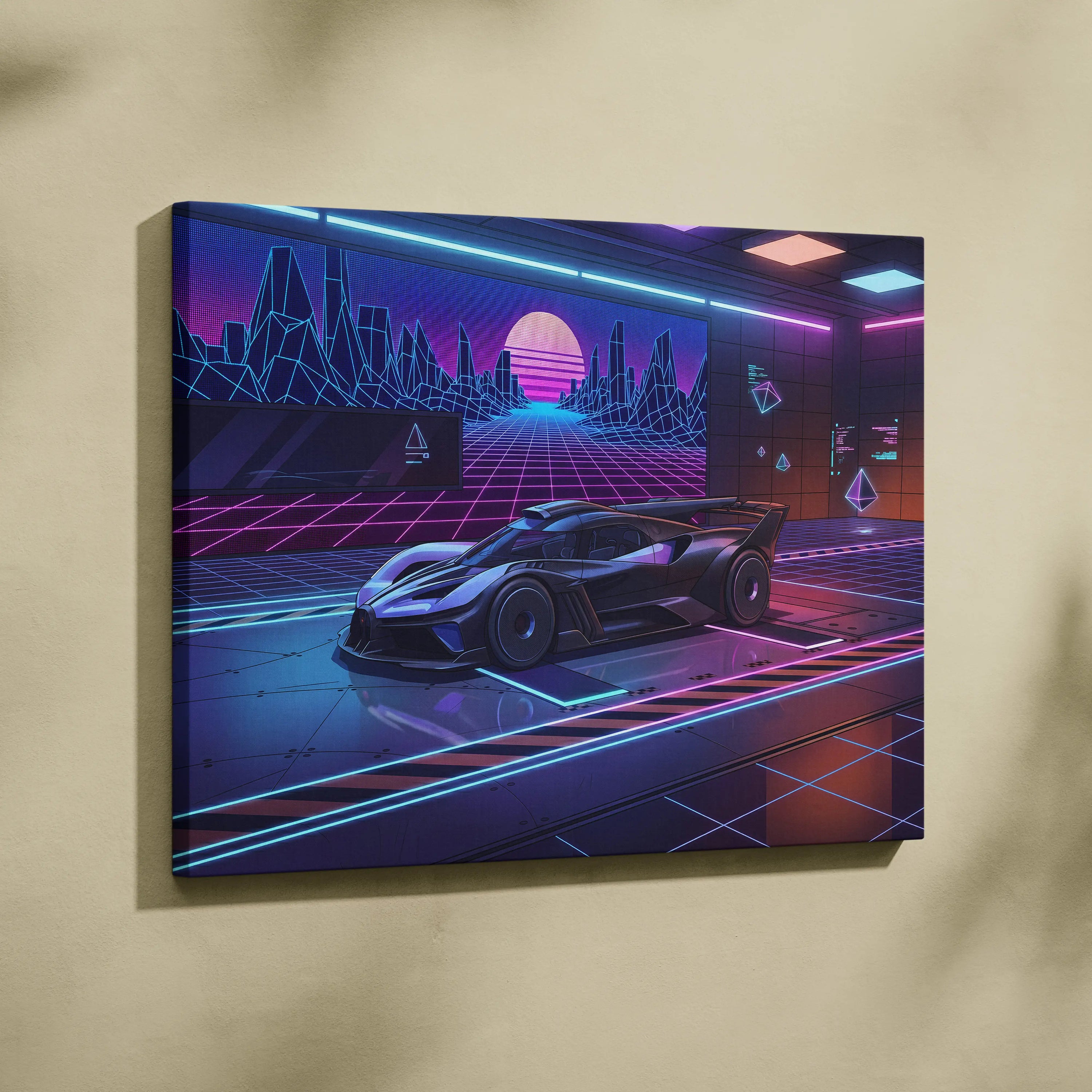 Bugatti Bolide Inspired Black Purple Canvas Wall Art Vaporwave Hypercar Artwork Neon Garage Decor Retro Futuristic Motorsport Print