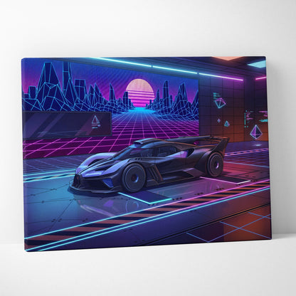 Bugatti Bolide Inspired Black Purple Canvas Wall Art Vaporwave Hypercar Artwork Neon Garage Decor Retro Futuristic Motorsport Print