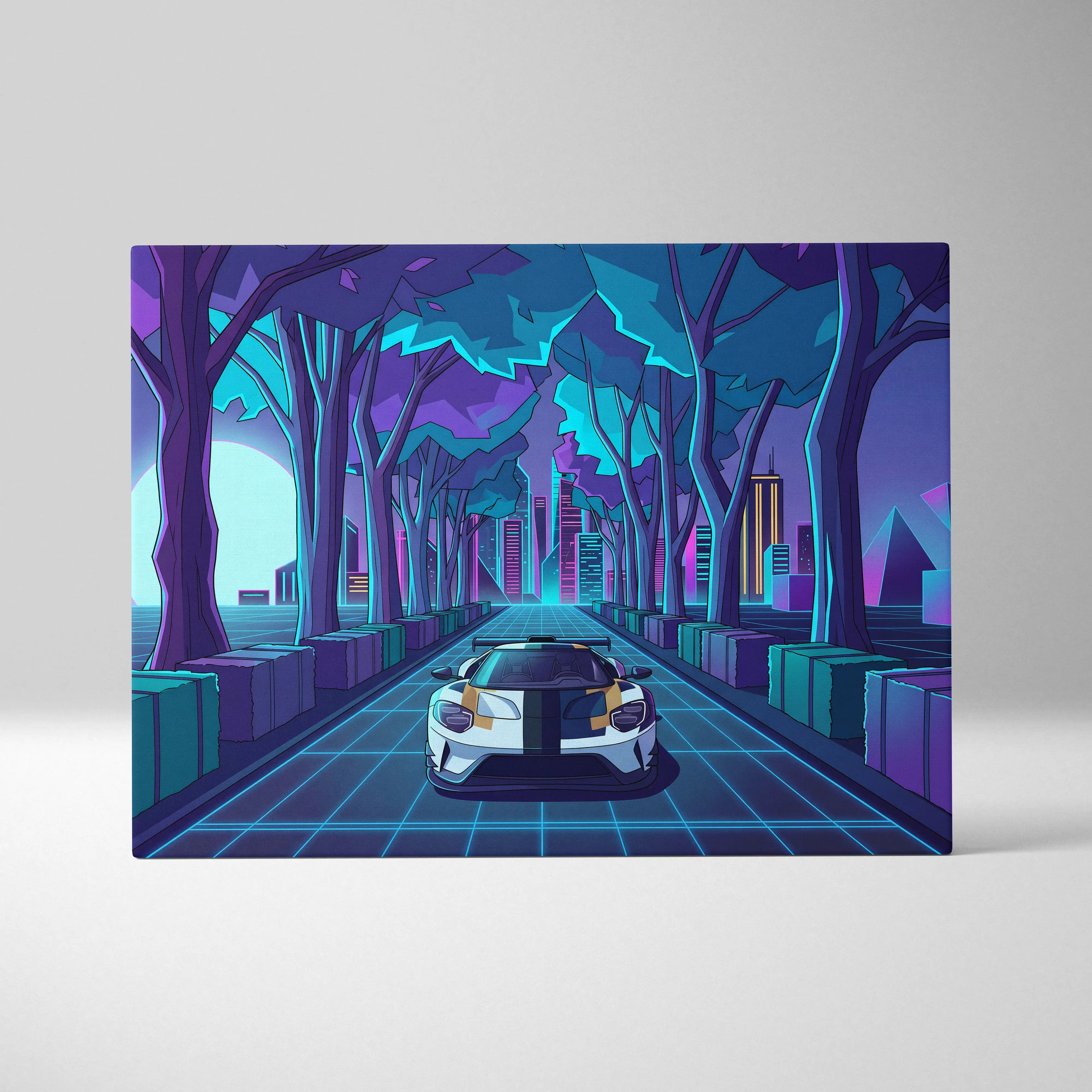 Ford GT Inspired White Blue Canvas Wall Art Vaporwave Race Car Artwork Neon Forest Road Garage Decor Retro Futuristic Motorsport Print