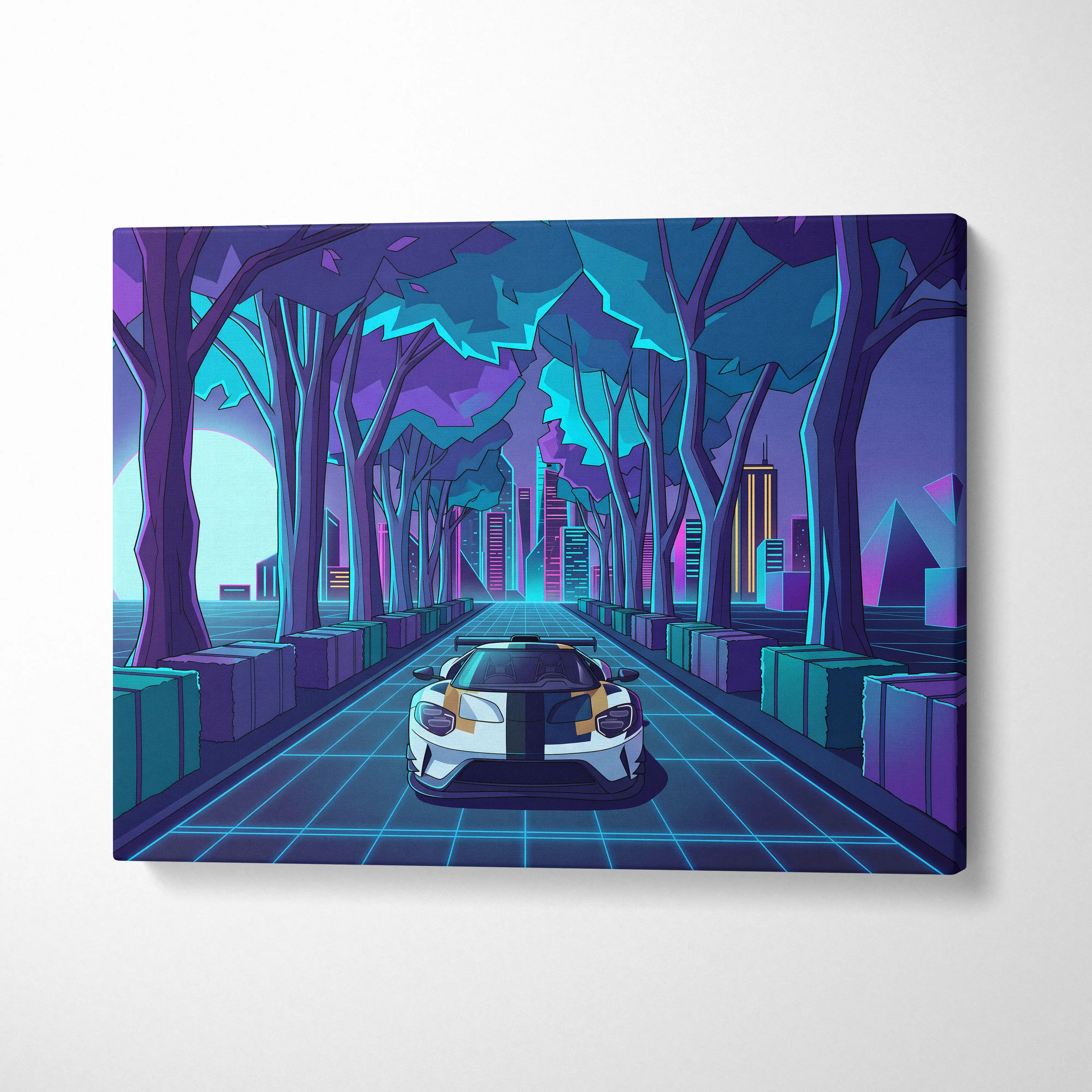 Ford GT Inspired White Blue Canvas Wall Art Vaporwave Race Car Artwork Neon Forest Road Garage Decor Retro Futuristic Motorsport Print