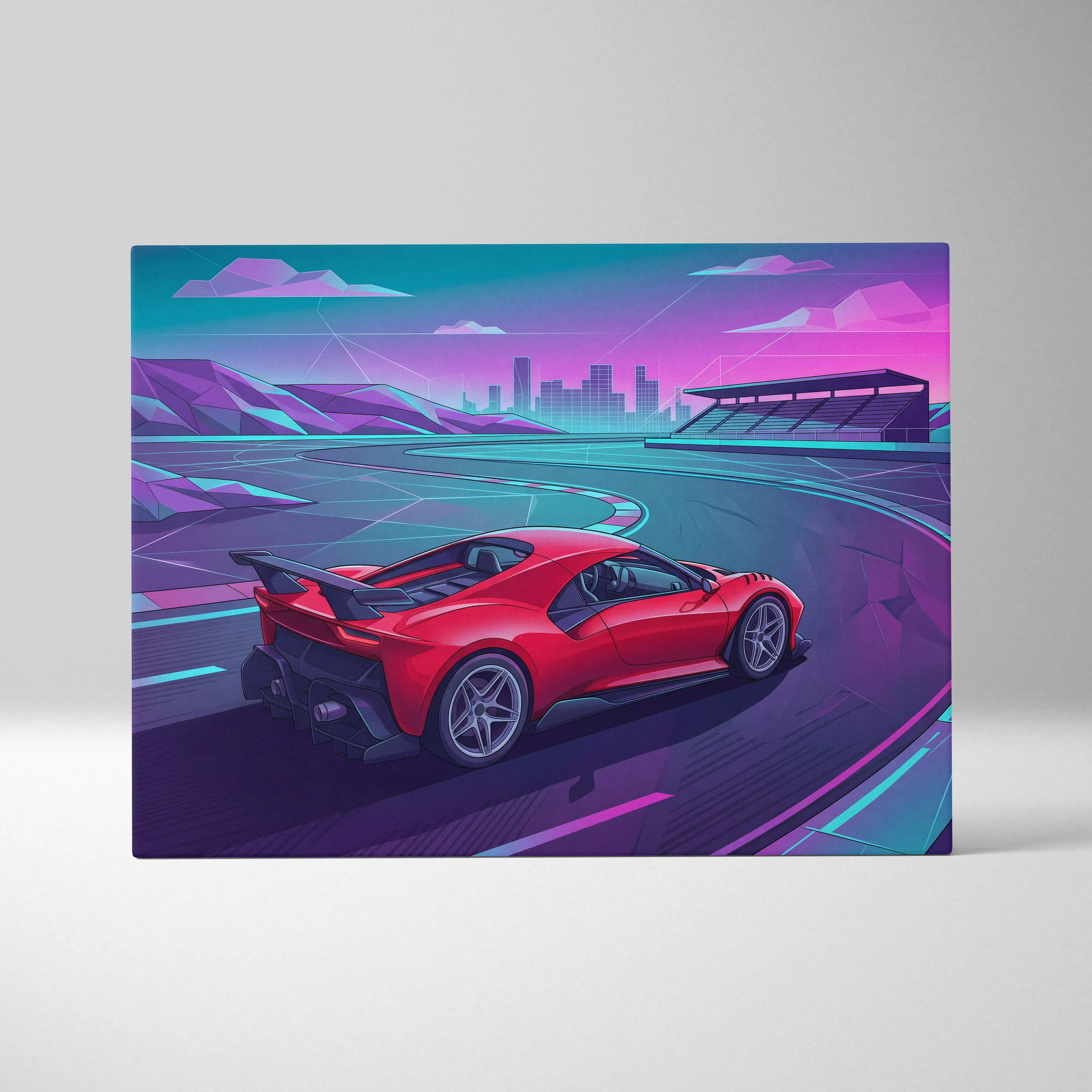 Ferrari 488 Inspired Red Teal Canvas Wall Art, Vaporwave Track Car Artwork, Neon City Garage Decor, Retro Futuristic Supercar Print