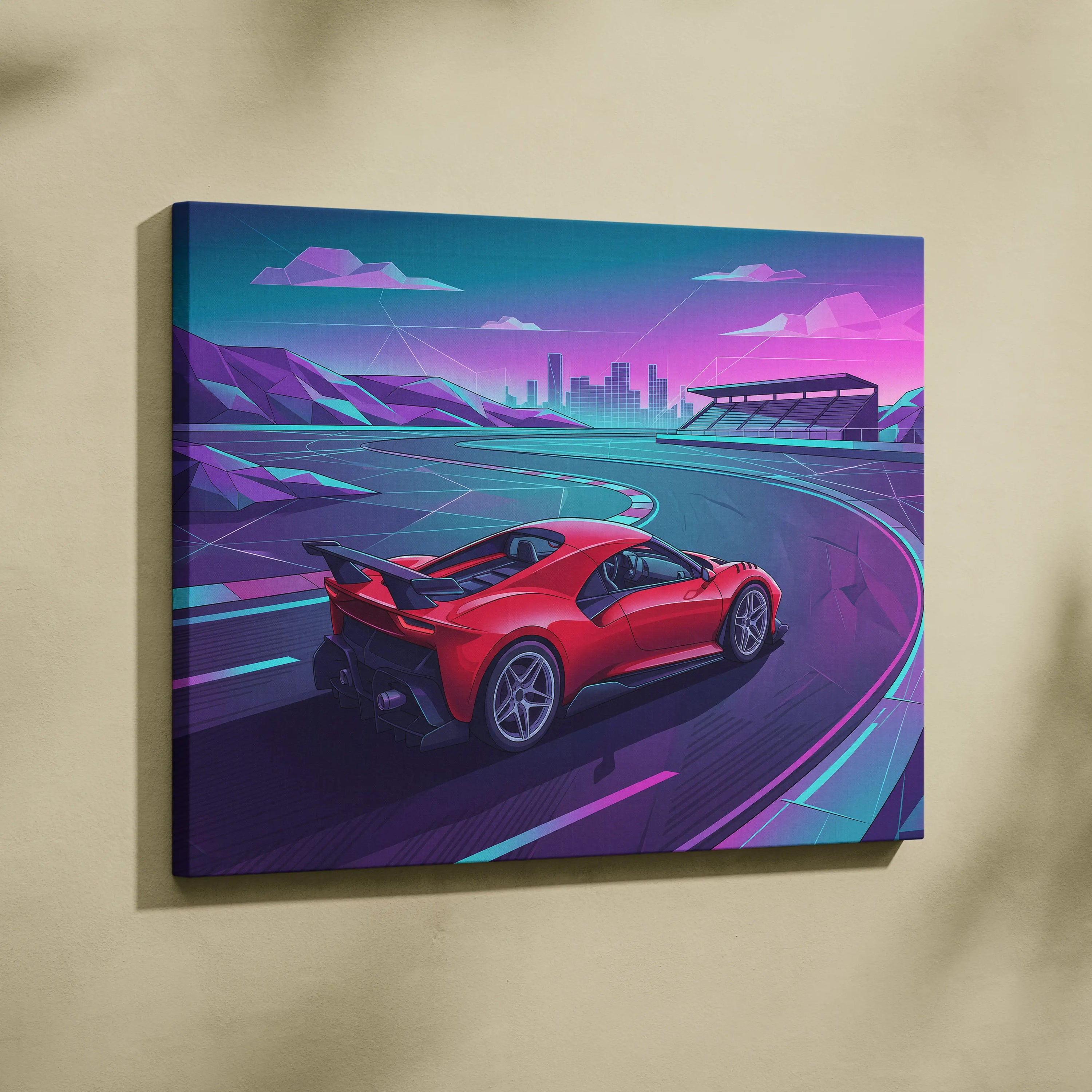 Ferrari 488 Inspired Red Teal Canvas Wall Art, Vaporwave Track Car Artwork, Neon City Garage Decor, Retro Futuristic Supercar Print