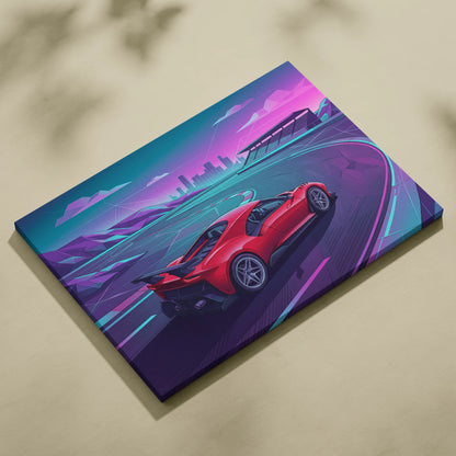 Ferrari 488 Inspired Red Teal Canvas Wall Art, Vaporwave Track Car Artwork, Neon City Garage Decor, Retro Futuristic Supercar Print