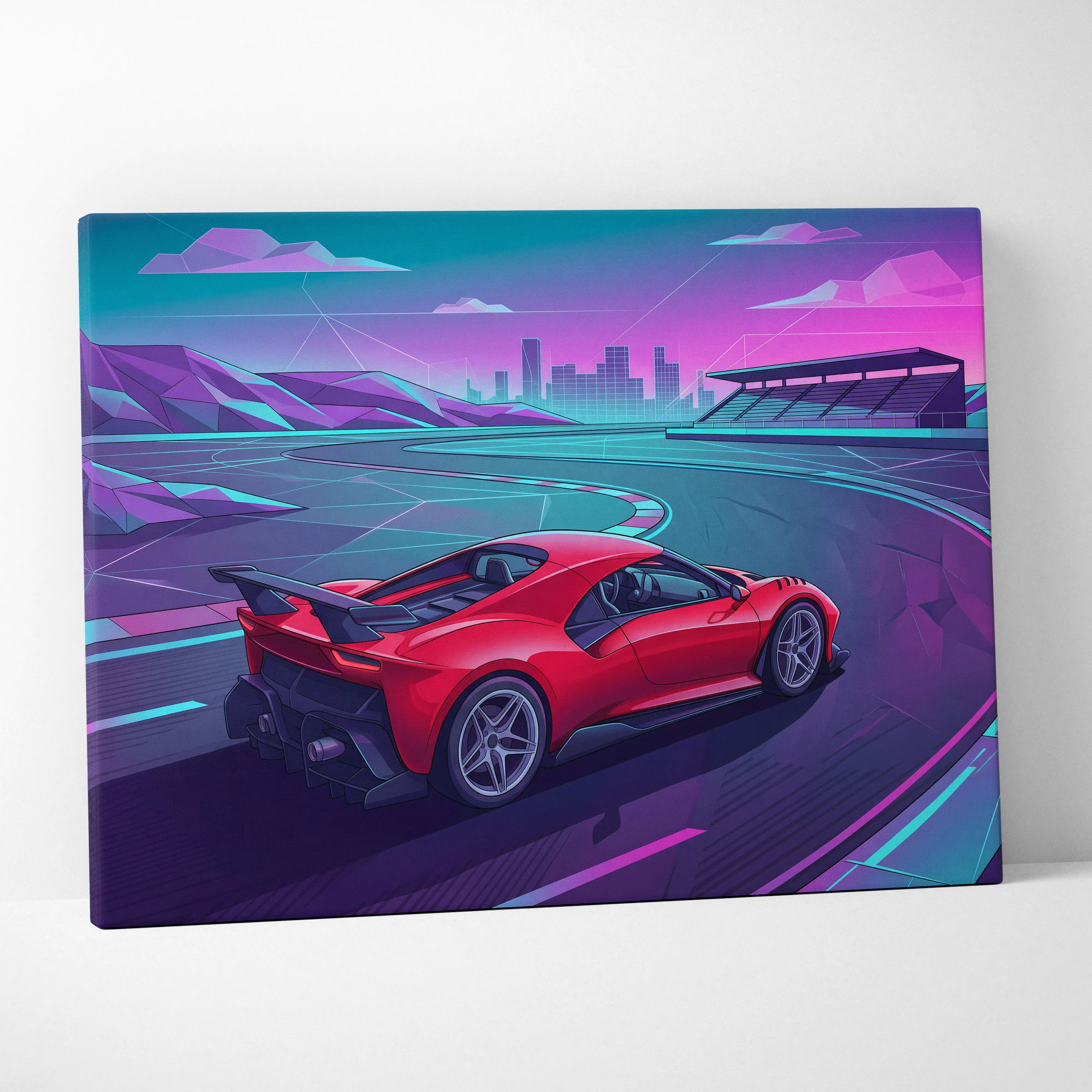 Ferrari 488 Inspired Red Teal Canvas Wall Art, Vaporwave Track Car Artwork, Neon City Garage Decor, Retro Futuristic Supercar Print
