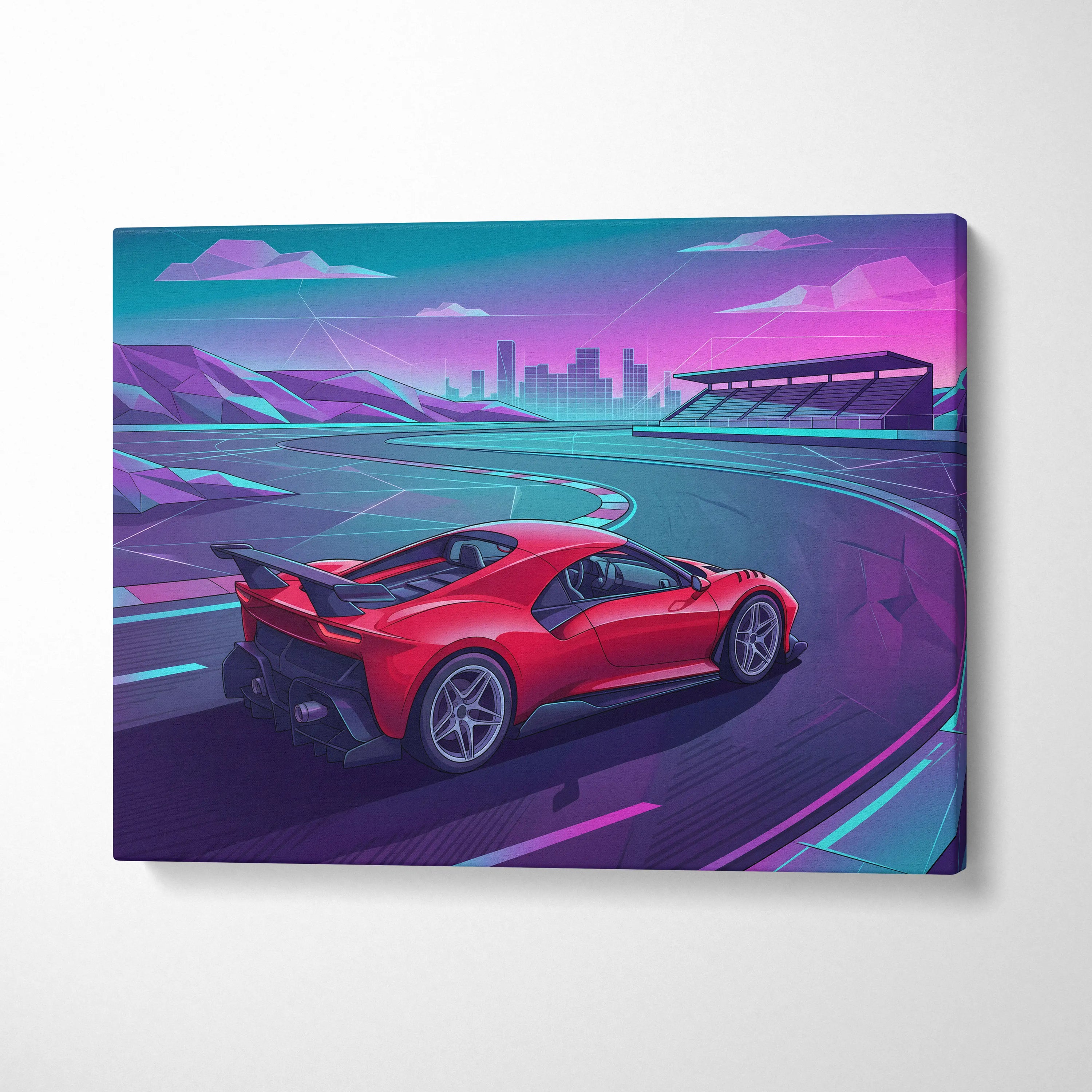 Ferrari 488 Inspired Red Teal Canvas Wall Art, Vaporwave Track Car Artwork, Neon City Garage Decor, Retro Futuristic Supercar Print