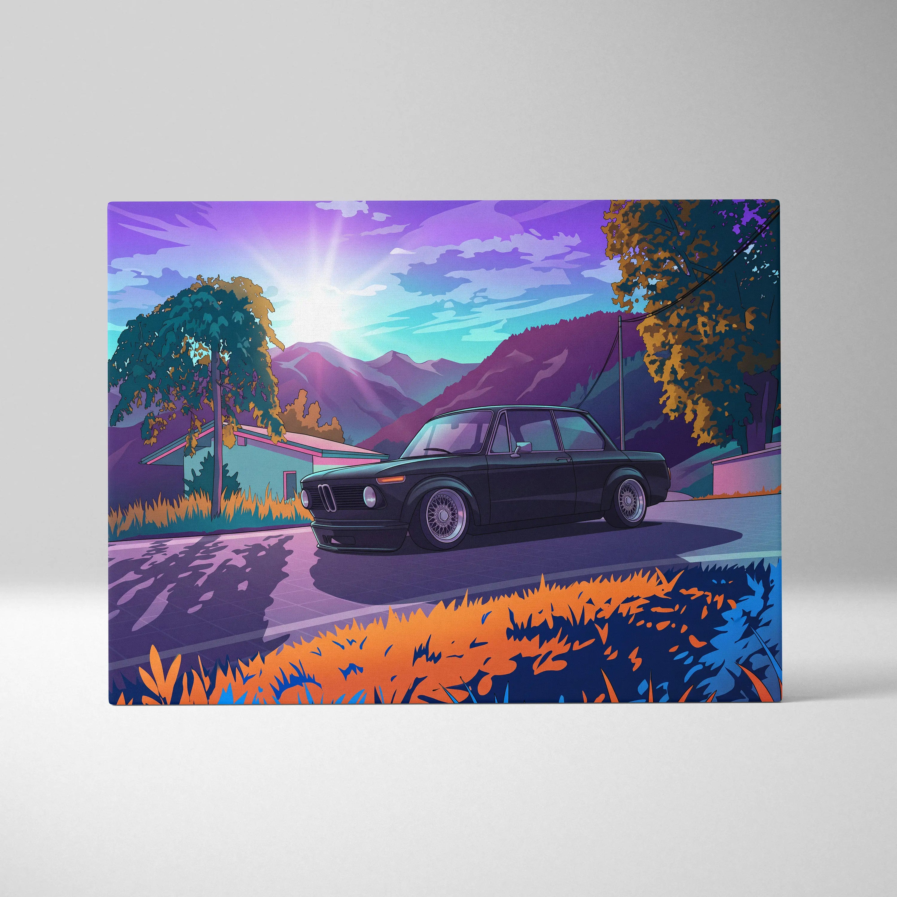 BMW 2002 Inspired Black Orange Canvas Wall Art Vaporwave Classic Sports Sedan Artwork Mountain Road Garage Decor Retro Futuristic Sunset Print