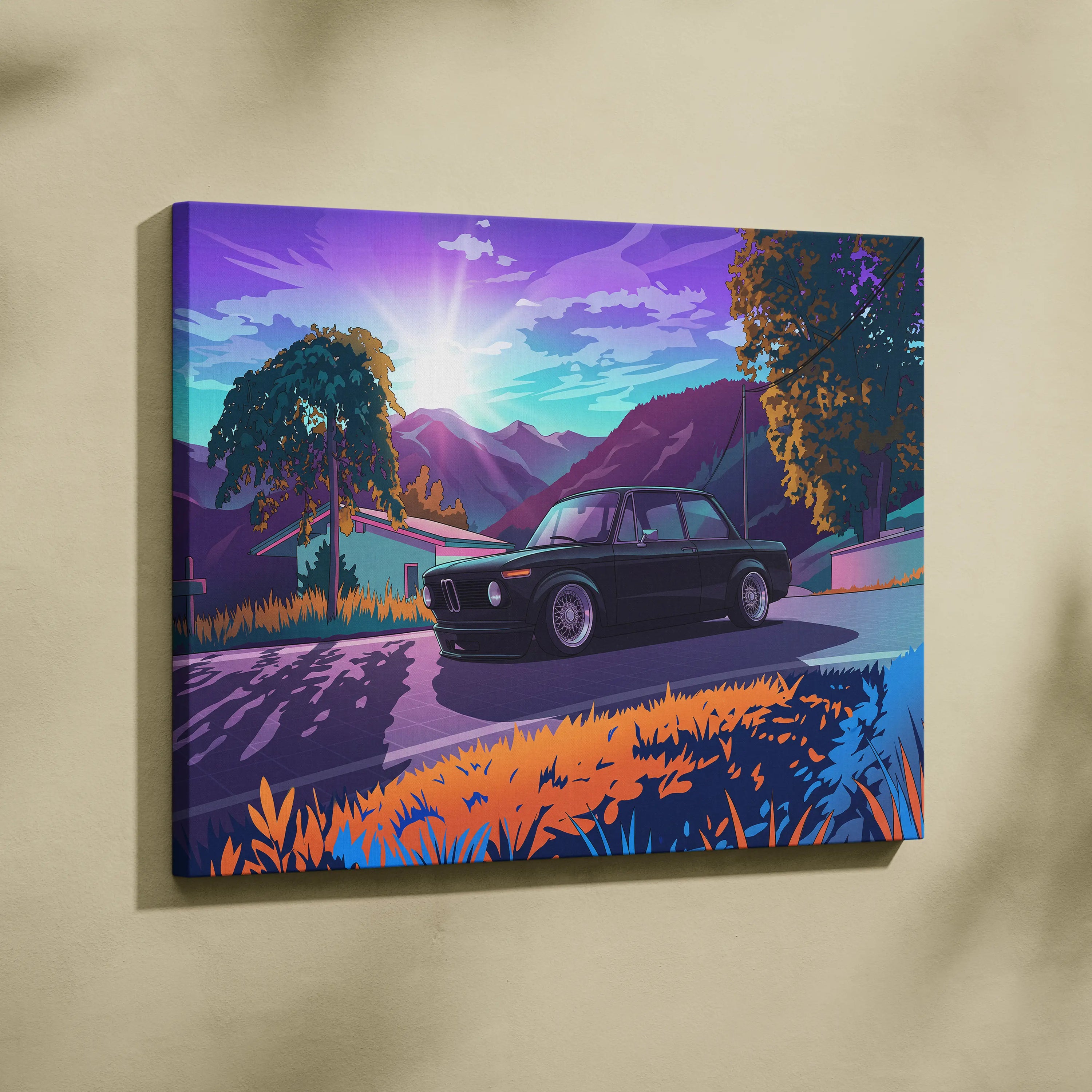 BMW 2002 Inspired Black Orange Canvas Wall Art Vaporwave Classic Sports Sedan Artwork Mountain Road Garage Decor Retro Futuristic Sunset Print