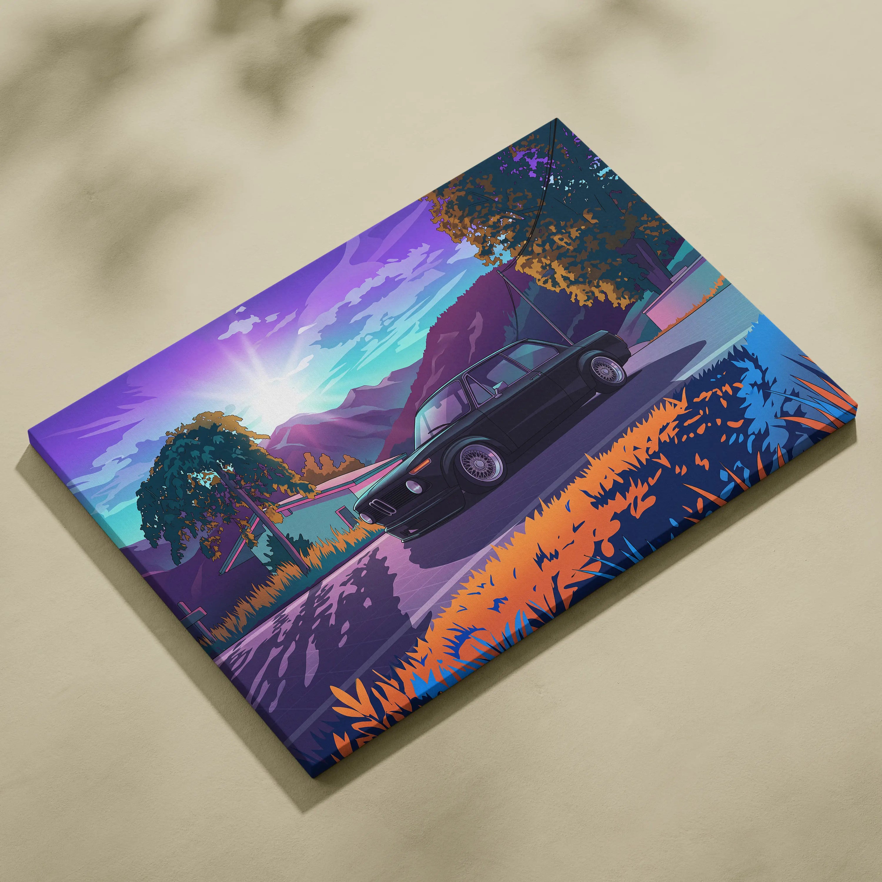BMW 2002 Inspired Black Orange Canvas Wall Art Vaporwave Classic Sports Sedan Artwork Mountain Road Garage Decor Retro Futuristic Sunset Print